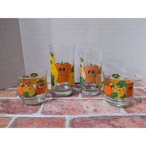 Vintage Nancy Lynn Smiling Fruit Glasses ~ Retro 1970s ~ Set of 4 Drinking Juice